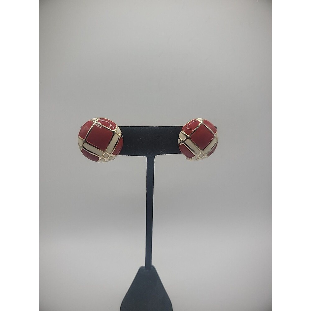 Vintage Earrings Clip On Huggie Gold Tone Red White Geometric Jewelry Costume